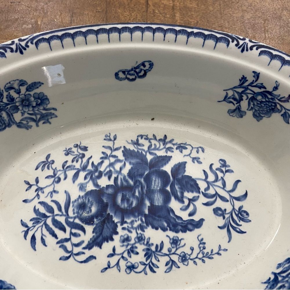 Vintage or antique BOOTHS blue and white country French floral oval bowl 11” - Picture 2 of 4